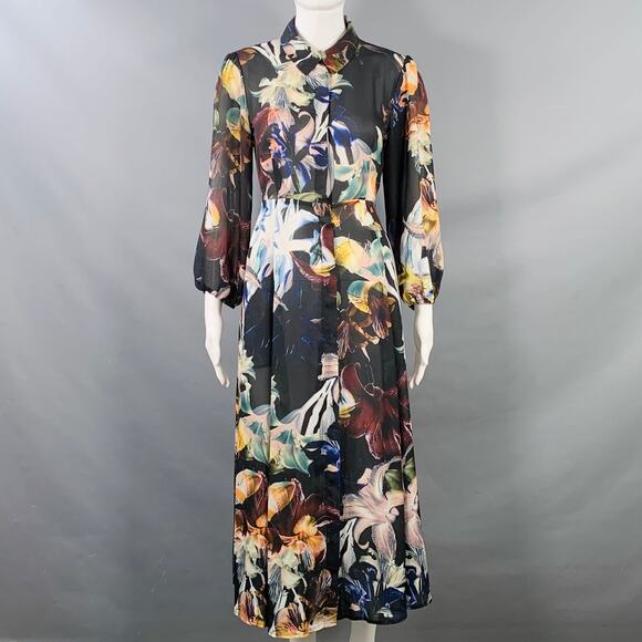 M Black Multi Color Polyester Floral 3/4 Sleeves Shirt Dress - Picture 1 of 9